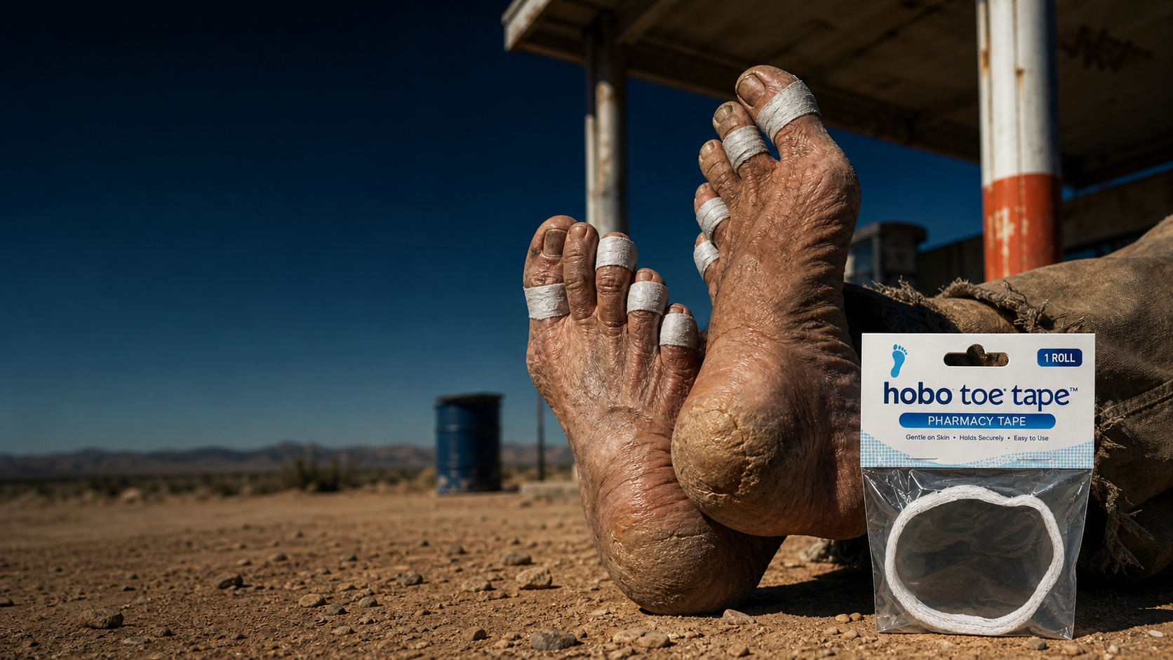 Weathered feet with toes wrapped in Hobo Toe Tape beside the product